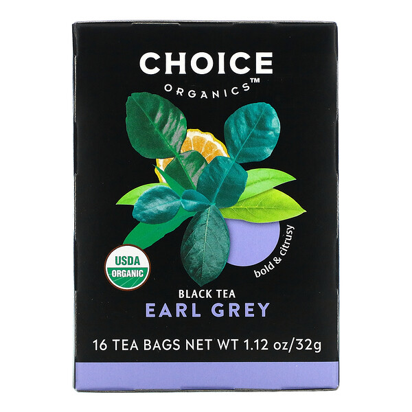 Черный чай, Earl Grey, 16 чайных пакетиков, 1,12 унции (32 г) Choice Organic Teas