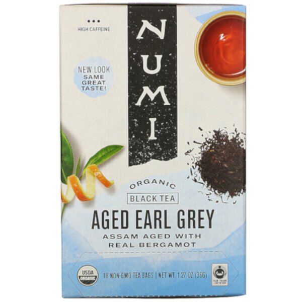Органический черный чай, выдержанный Эрл Грей, 18 чайных пакетиков, 1,27 унции (36 г) Numi Tea