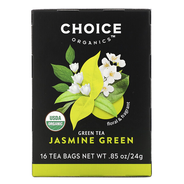 Зеленый чай, зеленый жасмин, 16 чайных пакетиков, 0,85 унции (24 г) Choice Organics