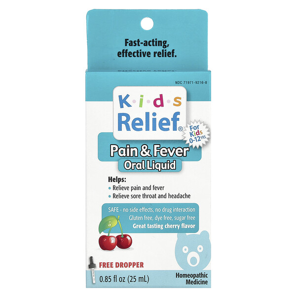 Kids Relief, Жидкость для перорального применения при боли и лихорадке, для детей 0–12 лет, вишневый вкус, 0,85 ж. унц. (25 мл) Homeolab USA