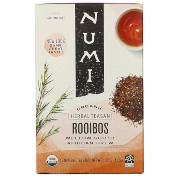 Organic Herbal Teasan, Rooibos, без кофеина, 18 чайных пакетиков, 1,52 унции (43,2 г) Numi Tea