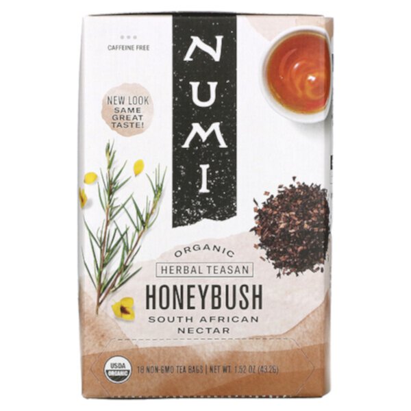 Organic Herbal Teasan, Honeybush, без кофеина, 18 чайных пакетиков, 1,52 унции (43,2 г) Numi