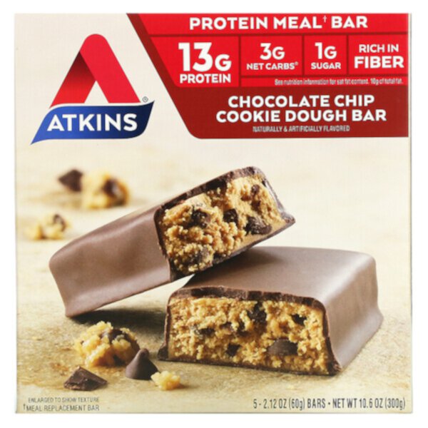 Protein Meal Bar, Батончик из теста для печенья с шоколадной крошкой, 5 батончиков, 2,12 унции (60 г) каждый Atkins