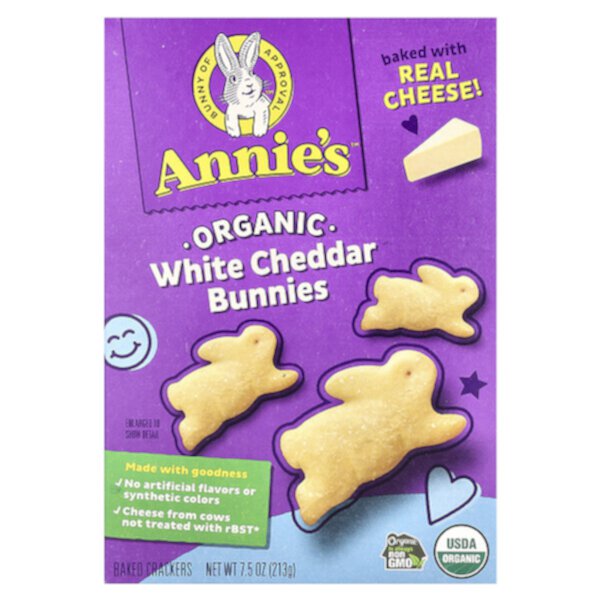 Organic White Cheddar Bunnies, Запеченные крекеры для закусок, 7,5 унций (213 г) Annie's