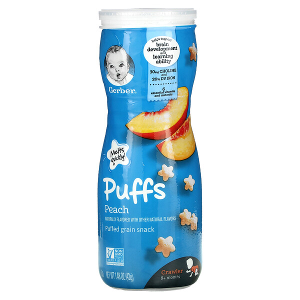 Puffs, Воздушная зерновая закуска, от 8 месяцев, персик, 1,48 унции (42 г) GERBER