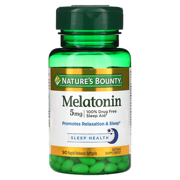Мелатонин, 5 мг, 90 мягких таблеток с быстрым высвобождением Nature's Bounty
