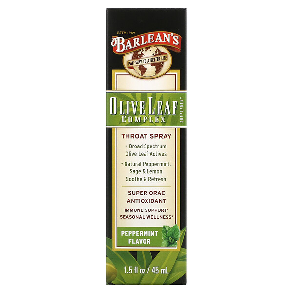 Olive Leaf Complex, Throat Spray (Спрей), Peppermint, 1.5 fl oz (Жидкие унции) (45 ml) Barlean's