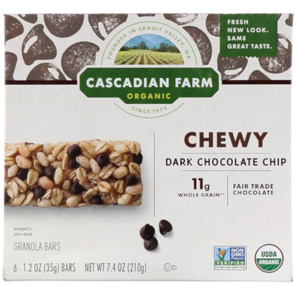 Органические жевательные батончики-мюсли, кусочки темного шоколада, 6 батончиков, 1,2 унции (35 г) каждый Cascadian Farm