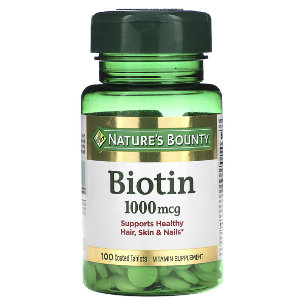 Биотин, 1000 мкг, 100 таблеток, покрытых оболочкой Nature's Bounty