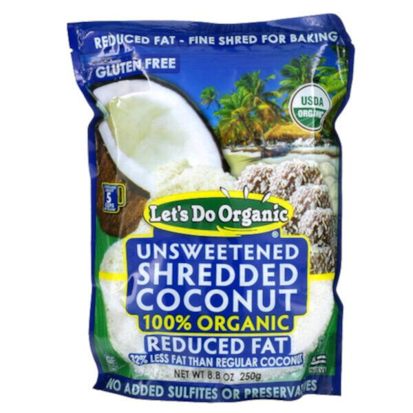 Let's Do Organic, 100% органический неподслащенный тертый кокос, с пониженным содержанием жира, 8,8 унций (250 г) Edward & Sons