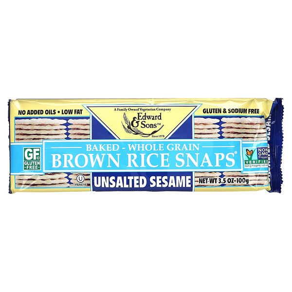 Baked Whole Grain Brown Rice Snaps, Unsalted Sesame, 3.5 oz (100 g) Edward & Sons