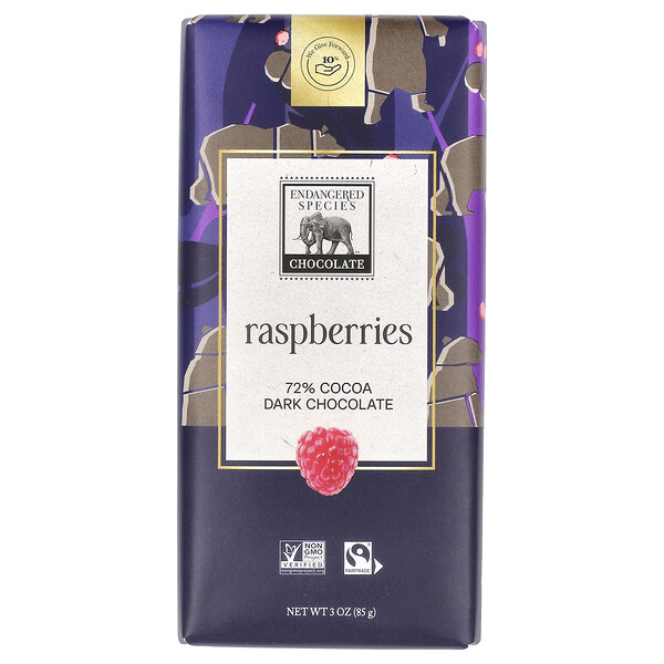 Tart Raspberry + Dark Chocolate Bar, 72% какао, 3 унции (85 г) Endangered Species