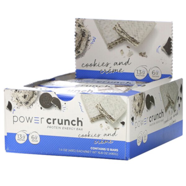 Power Crunch Protein Energy Bar, печенье и крем, 12 батончиков, 1,4 унции (40 г) каждый BNRG