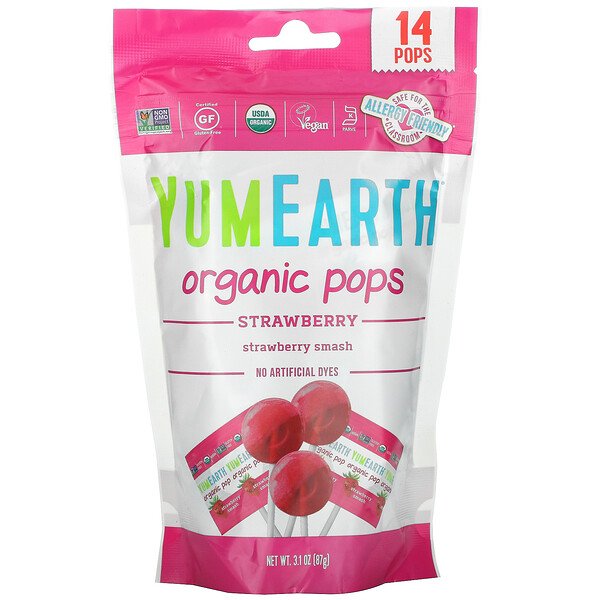Organic Strawberry Pops, Strawberry Smash, 14 хлопьев, 3,1 унции (87 г) YumEarth