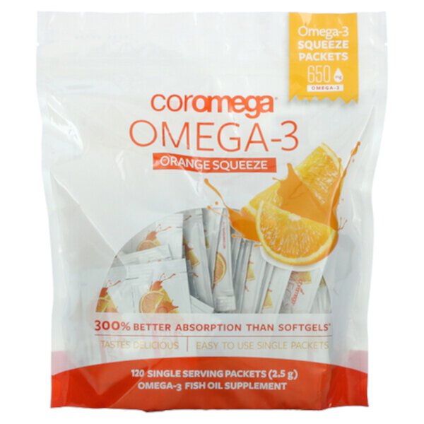 Omega-3, Апельсиновый Сквиз - 650мг Омега-3 - 120 пакетиков - Coromega Coromega