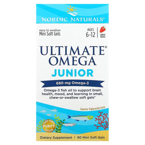 Ultimate Omega Junior, для детей от 6 до 12 лет, клубника, 340 мг, 90 мягких желатиновых мини-капсул Nordic Naturals