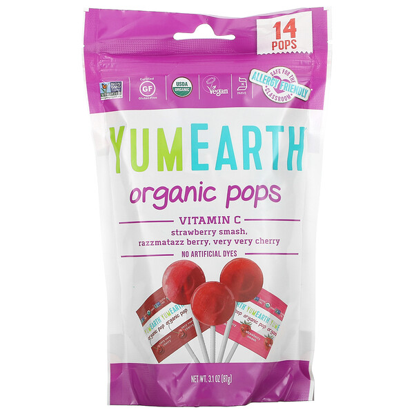 Organic Pops, Витамин C, Strawberry Smash, Razzmatazz Berry, Very Very Cherry, 14 хлопьев, 3,1 унции (87 г) YumEarth