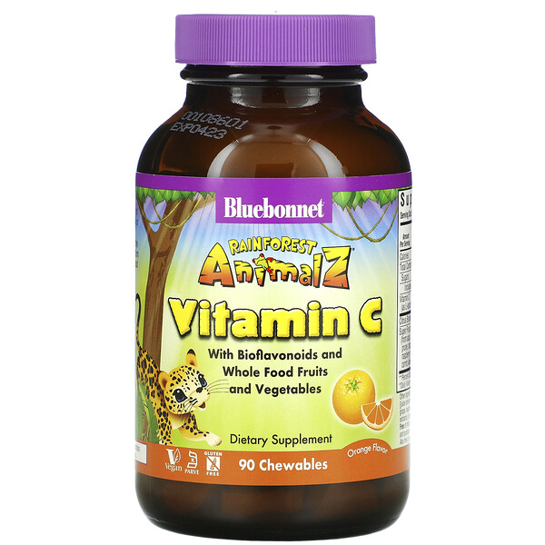 Super Earth, Rainforest Animalz, витамин C, натуральный апельсиновый вкус, 90 жевательных таблеток в форме животных Bluebonnet Nutrition