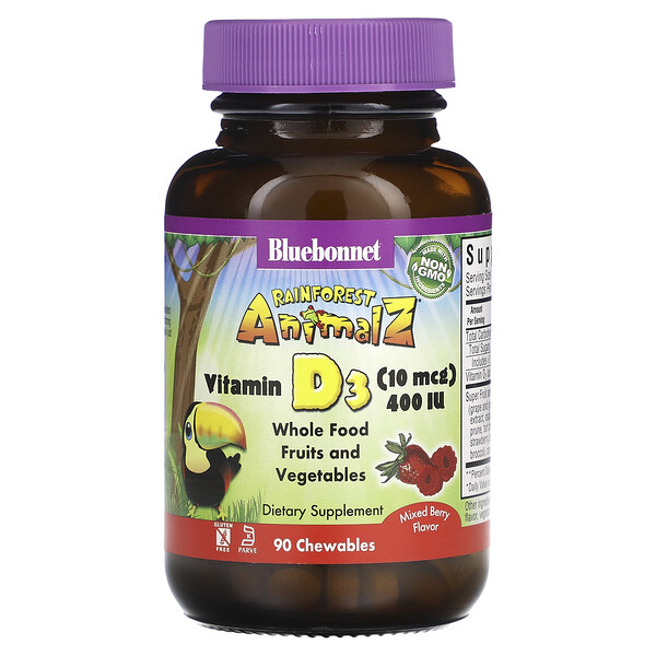 Rainforest Animalz, Витамин D3, натуральный ягодный вкус, 400 МЕ, 90 жевательных таблеток Bluebonnet Nutrition