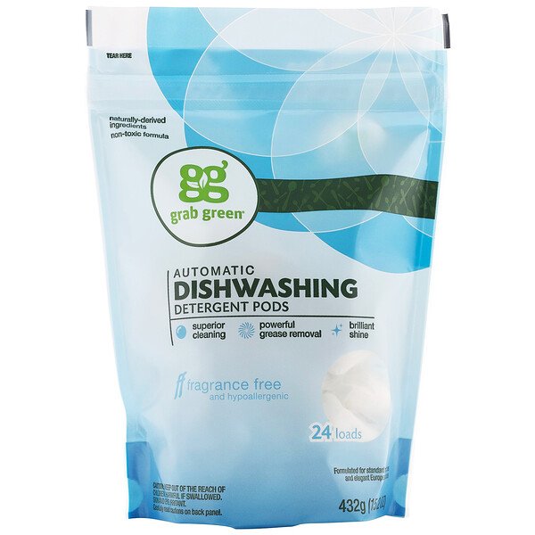 Автоматическое моющее средство для мытья посуды в капсулах, без запаха, 24 загрузки, 15,2 унции (432 г) Grab Green