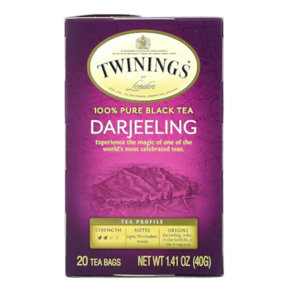 100% Pure Black Tea, Дарджилинг, 20 чайных пакетиков, 1,41 унции (40 г) Twinings