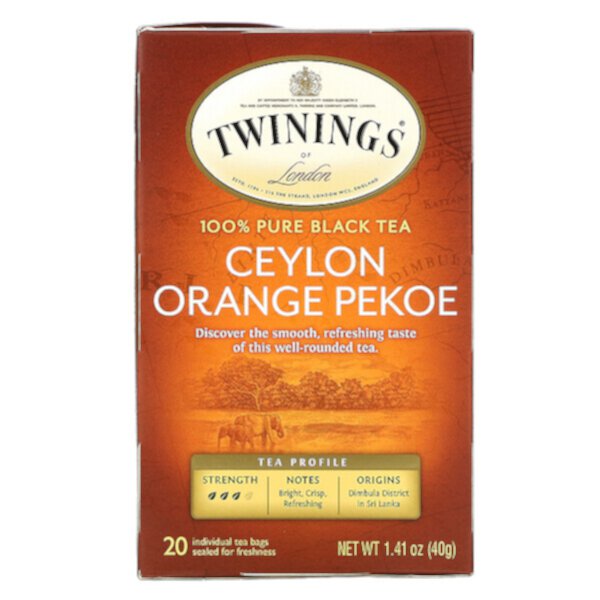 Чай Ceylon Orange Pekoe, 20 чайных пакетиков, 1,41 унции (40 г) Twinings