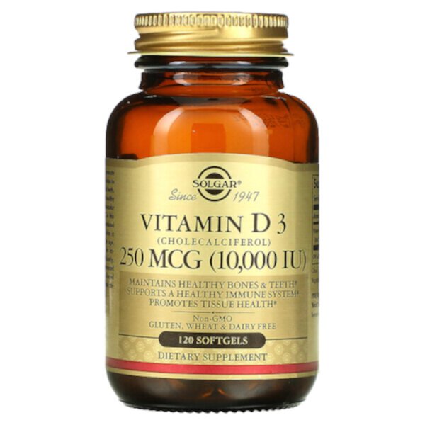 Витамин D3 (холекальциферол), 250 мкг (10 000 МЕ), 120 мягких таблеток Solgar