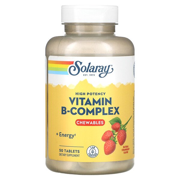 High Potency B-Complex Chewable, натуральный клубничный вкус, 50 жевательных таблеток Solaray