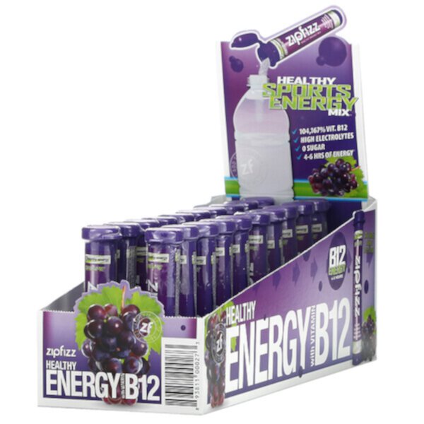 Healthy Sports Energy Mix с витамином B12, виноград, 20 тюбиков по 0,39 унции (11 г) каждый Zipfizz
