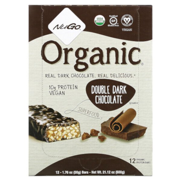 Органические протеиновые батончики, двойной темный шоколад, 12 батончиков, 1,76 унции (50 г) каждый NuGo Nutrition