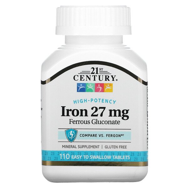 Высокоэффективное железо, 27 мг, 110 легко глотаемых таблеток 21st Century