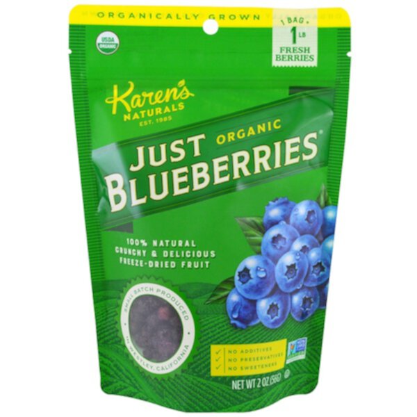 Organic Just Blueberries, Сублимированные фрукты, 2 унции (56 г) Karen's Naturals