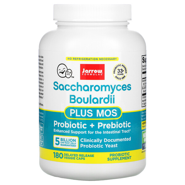 Saccharomyces Boulardii Plus MOS, 5 миллиардов, 180 вегетарианских капсул с отсроченным высвобождением Jarrow Formulas