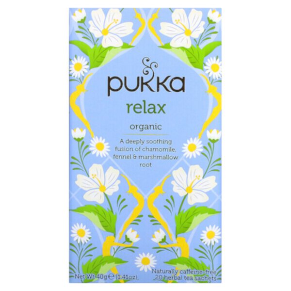 Органический травяной чай , Relax, без кофеина, 20 пакетиков по 0,07 унции (2 г) каждый Pukka