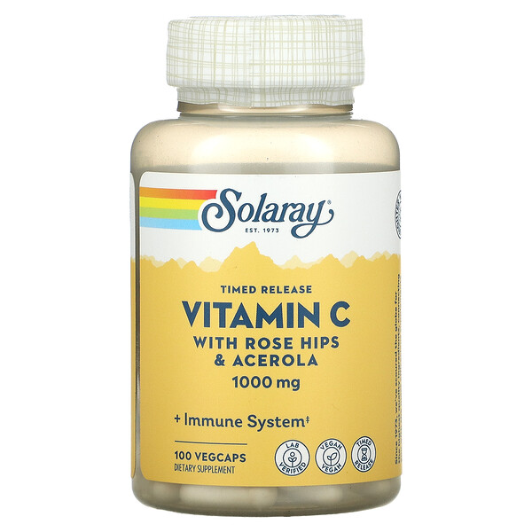 Витамин C с замедленным высвобождением, 1000 мг, 100 растительных капсул Solaray