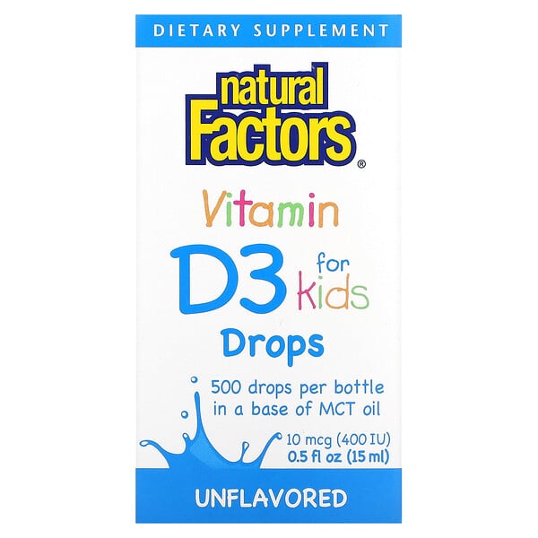 Витамин D3 в каплях для детей, без вкуса, 10 мкг (400 МЕ), 0,5 жидких унций (15 мл) Natural Factors