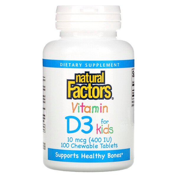 Витамин D3 для детей, клубника - 10 мкг (400 МЕ) - 100 жевательных таблеток - Natural Factors Natural Factors