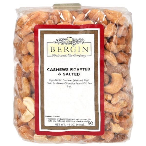 Кешью жареные соленые, 454 г, кошерные, отличный перекус Bergin Fruit and Nut Company