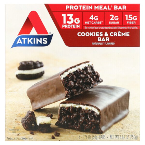 Protein Meal Bar, Cookies & Creme Bar, 5 батончиков, 1,76 унции (50 г) каждый Atkins