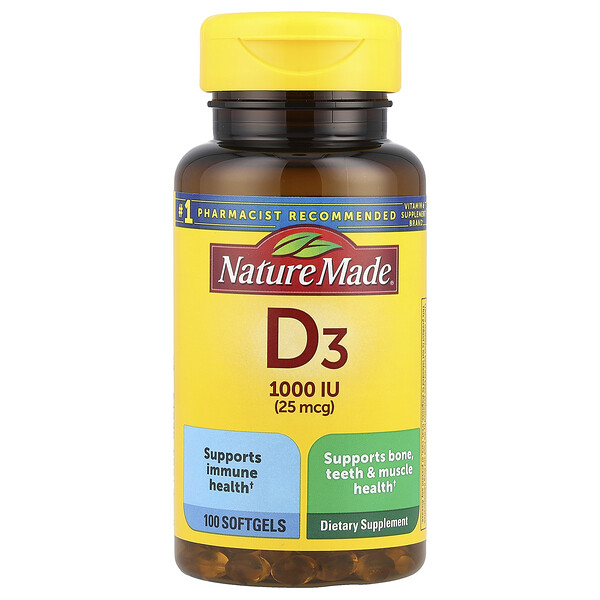 Vitamin D3, 25 mcg (1,000 IU), 100 Softgels (Мягкие капсулы) Nature Made