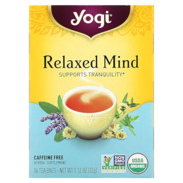 Relaxed Mind, Без кофеина, 16 чайных пакетиков, 1,12 унции (32 г) Yogi Tea