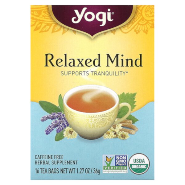 Relaxed Mind, Без кофеина, 16 чайных пакетиков, 1,12 унции (32 г) Yogi
