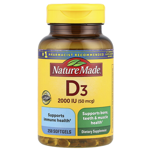 Vitamin D3, 50 mcg (2,000 IU), 250 Softgels (Мягкие капсулы) Nature Made