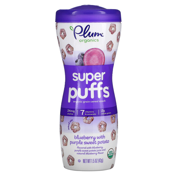 Super Puffs, Закуска из органических зерновых хлопьев, черника с фиолетовым бататом, 1,5 унции (42 г) Plum Organics