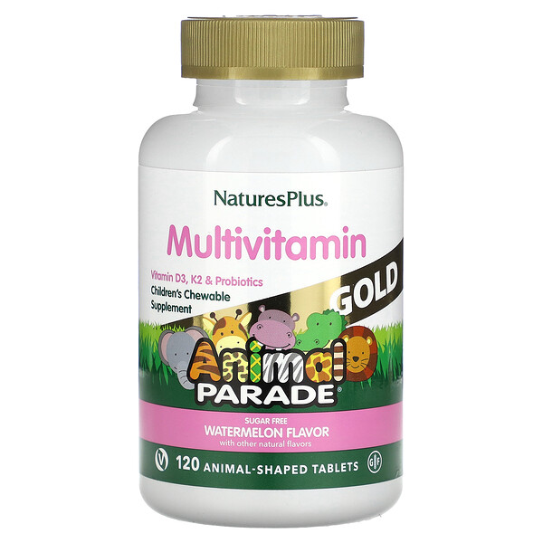 Source of Life, Animal Parade Gold, жевательная мультивитаминно-минеральная добавка для детей, натуральный арбуз, 120 таблеток в форме животных NaturesPlus