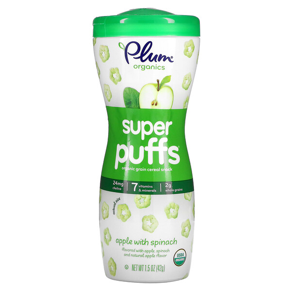 Super Puffs, Закуска из органических злаков, яблоко со шпинатом, 1,5 унции (42 г) Plum Organics