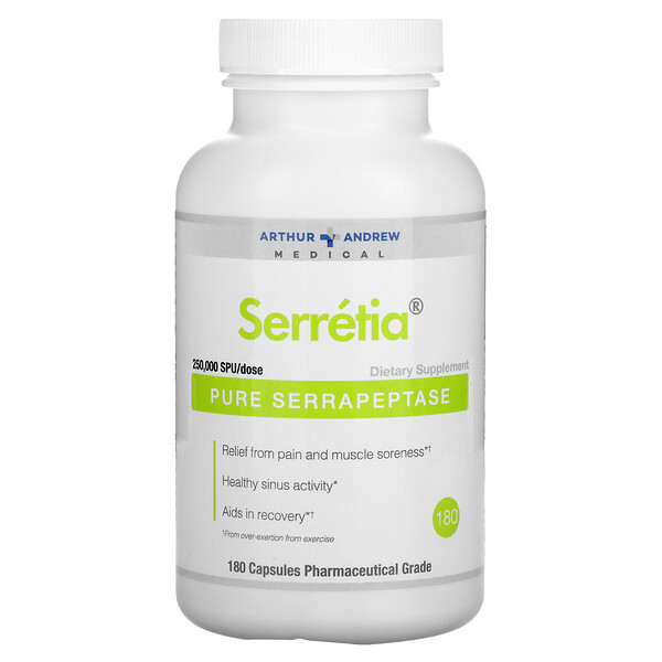 Serretia, Чистая серрапептаза, 250 000 SPU, 180 капсул (125 000 SPU на капсулу) Arthur Andrew Medical