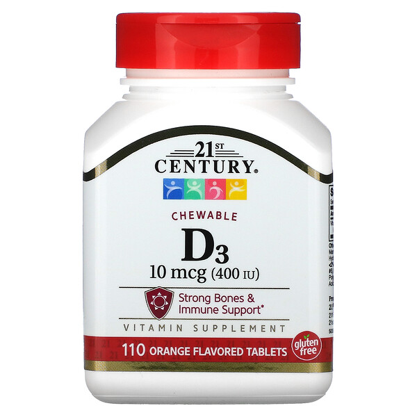 Витамин D3, Жевательные, Апельсин, 100 мкг (400 МЕ) - 110 таблеток - 21st Century 21st Century