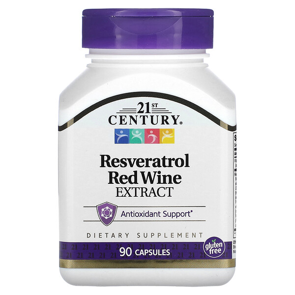 Экстракт красного вина с ресвератролом, 90 капсул 21st Century