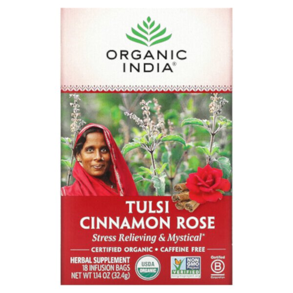 Tulsi Tea, Cinnamon Rose, без кофеина, 18 пакетиков для заваривания, 1,14 унции (32,4 г) Organic India